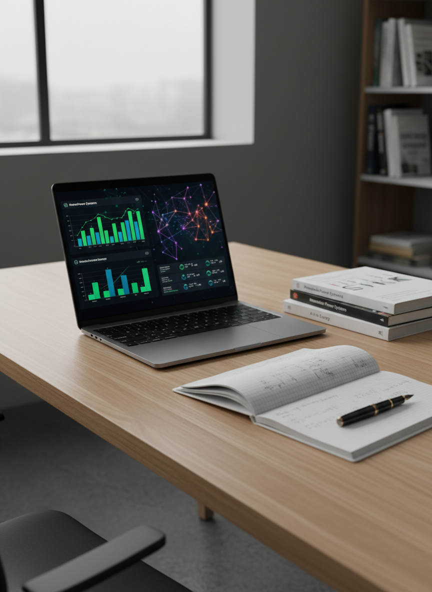 A sleek, minimalist wooden desk with a light oak finish, supporting an open high-resolution laptop displaying a clean data dashboard of renewable energy metrics and neural network visualizations. Around it lie a neatly stacked set of scientific journals, a graph-paper notebook filled with precise equations, and a single, matte-black fountain pen aligned parallel to the notebook edge. The desk is positioned near a large window in a modern office, with diffused overcast daylight casting soft, linear shadows. Neutral gray walls and a blurred bookshelf in the background create a calm, corporate atmosphere. Shot at eye level with a slight three-quarter angle, photographic realism, sharp focus on the laptop and notebook, with a gently softened background for a structured, professional composition.