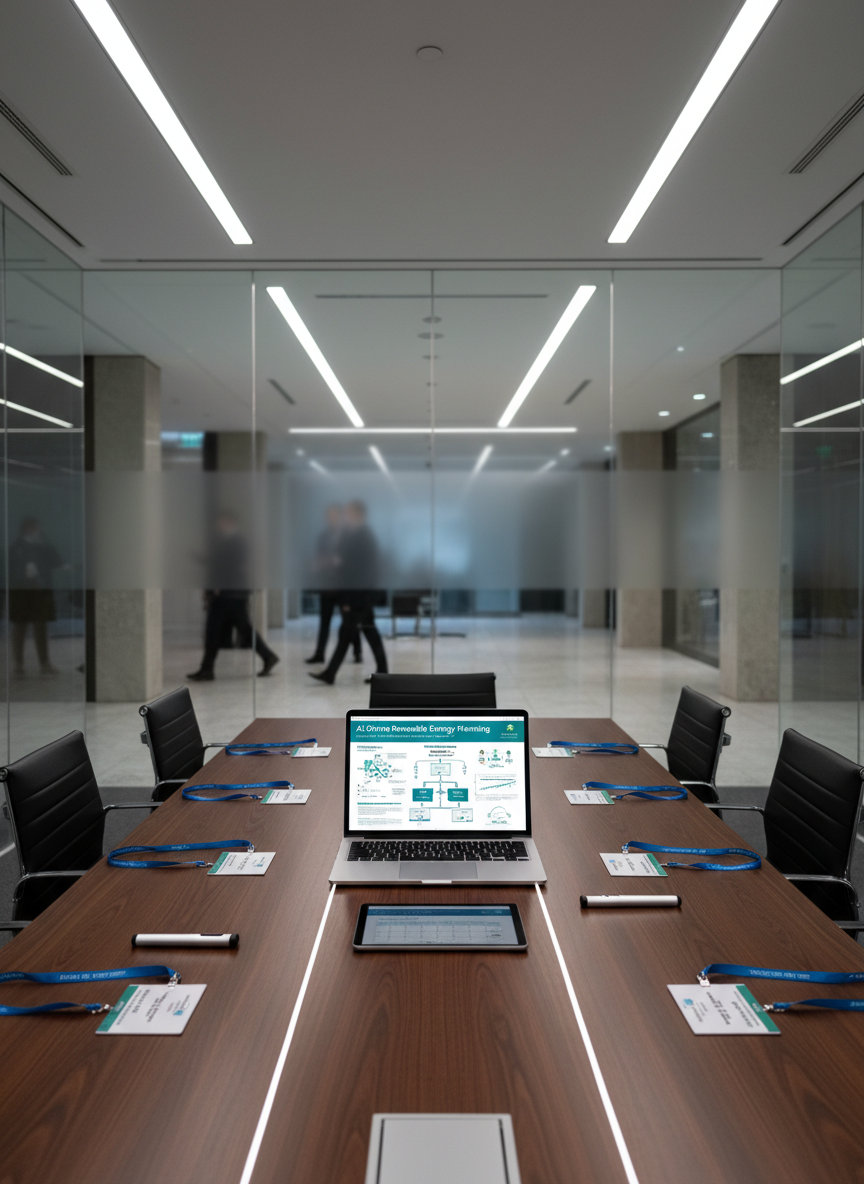 A modern, glass-walled conference room table made of matte-finished, dark wood, centered with a large, open laptop showing a polished research poster on AI-driven renewable energy planning. Around it lie symmetrical arrangements of printed conference badges, a minimalist laser pointer, and a tablet with a calendar view of international scientific events. Through the glass walls, the background reveals a softly blurred corporate hallway with neutral stone flooring. Cool, even ceiling lighting produces clean reflections on the glass and subtle highlights along the table edges. Photographic realism from a slightly elevated, wide-angle perspective, with strong linear lines leading toward the laptop. The mood is formal, organized, and forward-looking, evoking the preparation and precision behind academic conference presentations.