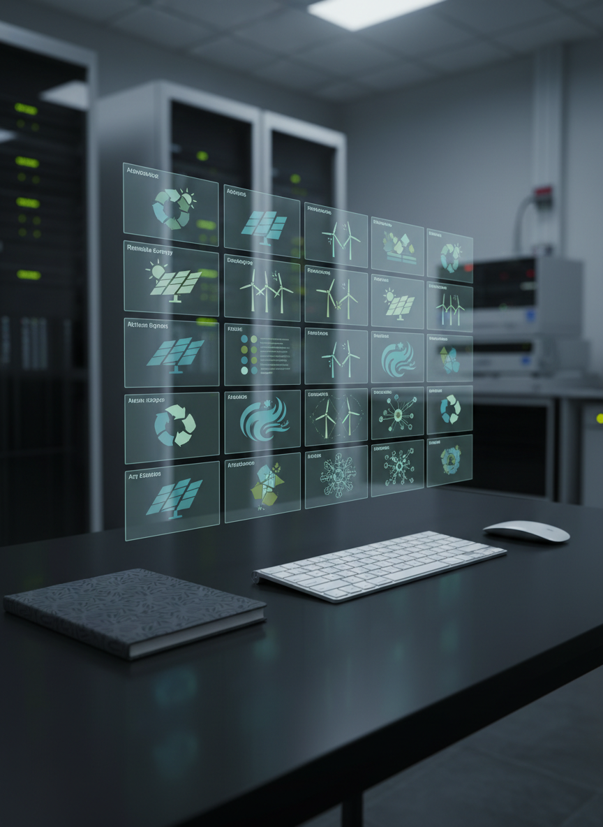 An array of precisely arranged, semi-transparent digital screens floating above a dark, matte work surface, each screen showing clean infographics of solar panels, wind turbines, and AI network diagrams in muted blues and greens. Below, a slim, silver keyboard and a minimalist wireless mouse sit perfectly aligned, flanked by a closed, charcoal-gray research notebook embossed with a subtle geometric pattern. The environment suggests a contemporary research lab with blurred server racks and equipment in the distance. Cool, soft studio lighting from above creates controlled reflections and crisp edges, emphasizing clarity and order. Captured from a slightly elevated angle with a balanced, rule-of-thirds composition, photographic realism, neutral tones, and a distinctly corporate, high-tech aesthetic.