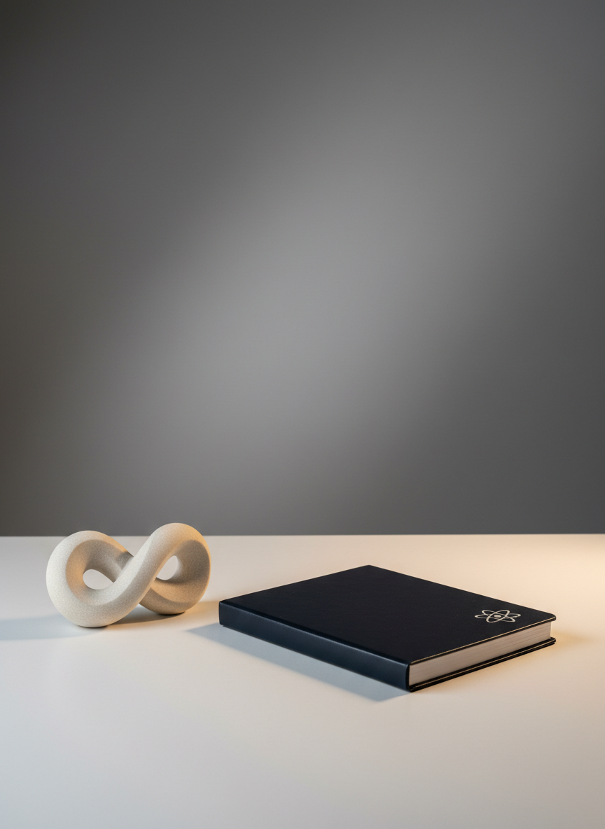 A contemplative desk scene where a closed, dark navy laboratory notebook with a discrete silver emblem of an atom rests beside a smooth, pale stone sculpture shaped like an abstract infinity loop, symbolizing the union of rational science and spiritual reflection. The objects sit on a clean, matte white desk with a faint texture, against a soft, gradient gray backdrop. A single, warm spotlight from the upper right casts long, gentle shadows, emphasizing form and balance. No clutter or additional objects break the serenity. Photographic realism, centered composition with negative space around the subjects, capturing a quiet, introspective mood that hints at the philosophical dimension of scientific research and personal growth.