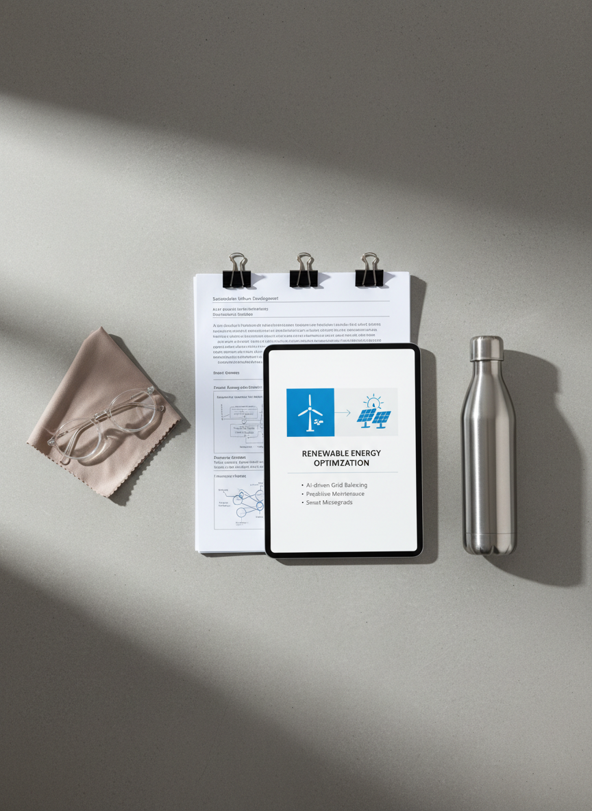 A structured flat-lay composition on a smooth concrete surface featuring printed scientific papers on sustainability and AI, neatly clipped together with black binder clips, alongside a tablet displaying a clean conference presentation slide about renewable energy optimization. Beside them rests a slim, stainless-steel reusable water bottle and a pair of translucent acetate eyeglass frames placed precisely on a folded, taupe microfiber cloth. Soft, indirect daylight from the left creates gentle gradients and minimal shadows, enhancing the tidy arrangement. The overall color palette is neutral—grays, whites, and muted blues—conveying focus and professionalism. Photographic realism, top-down bird’s-eye view, with sharp clarity across the entire frame and a calm, contemplative atmosphere suited to academic reflection and careful study.