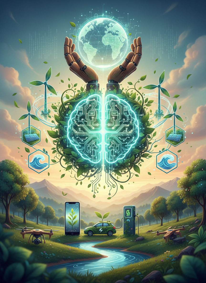an image representing sustainability using AI, blending elements of nature and artificial intelligence, with a focus on eco-friendly technology, green energy, and a digital brain intertwined with leaves and renewable energy icons