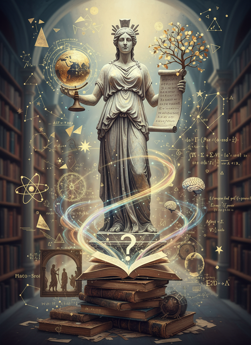 An artistic image symbolizing education and philosophy, perhaps featuring books, a classical statue, and abstract symbols representing knowledge and wisdom.